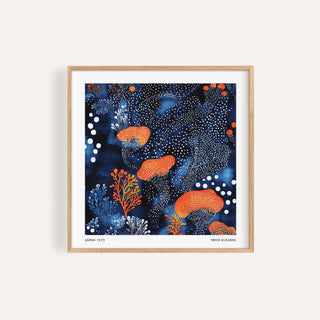Framed print of abstract floral art with orange mushrooms and blue details