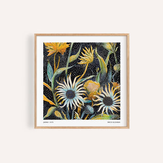 Abstract Art Floral Print with dotted flowers in shades of yellow and green on black background