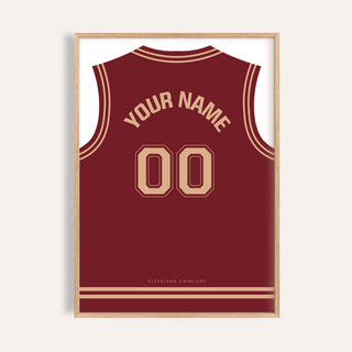 Framed basketball jersey poster in maroon with tan number and text visible close-up