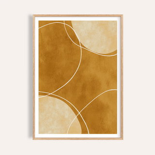 Framed minimalist geometric art print with abstract golden and cream curved shapes