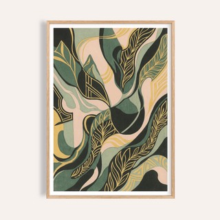 Framed Abstract Leaf Art Print with green and golden leaf shapes in a minimalist style
