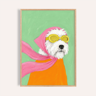 Framed print of a dog with yellow aviator goggles and pink scarf on a green background