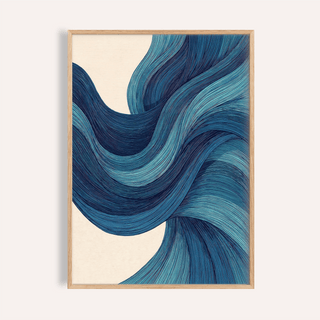 Abstract Wave Art framed print close-up showing blue wave lines with an off-white background