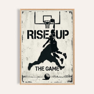 Basketball Rise Up Art Print of a silhouette dunking with typographic text in black and white