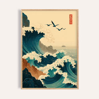 Framed Japanese Wave Art Print showing ocean waves with birds and a distant boat