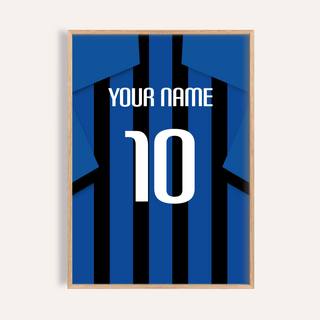 Framed close-up of football shirt poster in blue and black stripes with white text and number