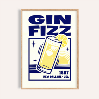Vintage Gin Fizz Print of an illustrated yellow cocktail with lemon and bold navy text