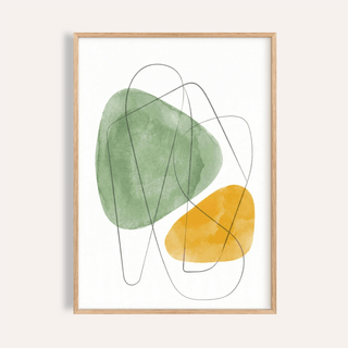 Framed Abstract Watercolor Art with green and yellow abstract shapes and black line accents