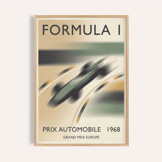1968 Vintage Racing Poster showing blurred green race car on track with vintage typography