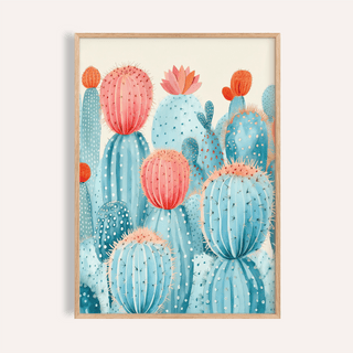 Framed close-up of colorful cactus print with blue and pink watercolour illustration