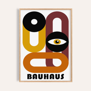 Framed Retro Home Decor wall art with abstract eye and geometric shapes in bold earthy colours