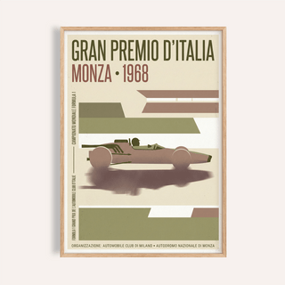 Framed Monza Grand Prix Poster showing a vintage 1968 race car in muted green and brown tones