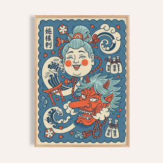 Framed print close-up of Japanese Mythology Art featuring woman and demon masks in red and blue