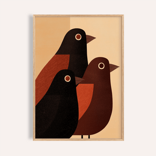 Framed print of three stylized birds in black and brown on a beige background