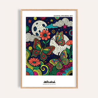 Framed Psychedelic Nature Poster with colourful abstract butterflies and floral patterns