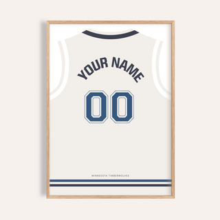 Framed close-up of basketball jersey poster in white with navy number and minimalist style