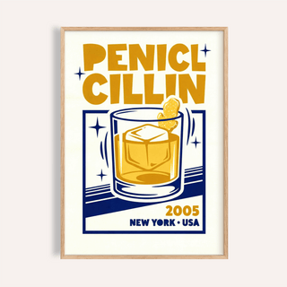 Framed print of Penicillin Drink Poster with a blue and gold illustration and bold typography