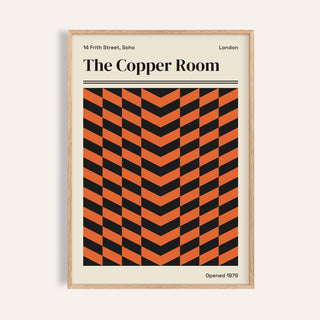 Retro London poster of The Copper Room with orange and black chevron stripes