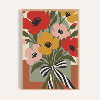 Flower bouquet print of poppies shown on a plain warm wall