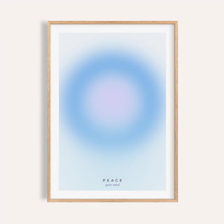 Pale blue and lilac aura print shown on a plain warm wall