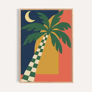 Palm tree print with a checked trunk shown on a plain warm wall