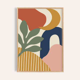 Boho wall art with a mustard moon shown on a plain warm wall