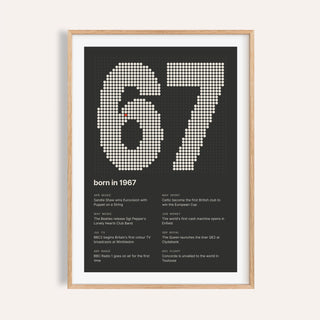 1967 print with the year built from cream dots on a plain warm wall