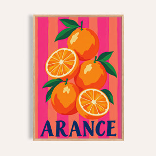 Arance Stripes print with oranges and the word ARANCE on hot pink and coral stripes