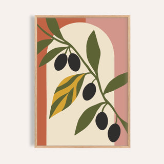 Olive leaf print with black olives shown on a plain warm wall