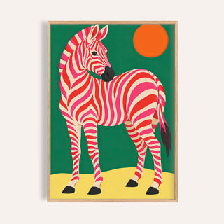 Pink Zebra poster with a pink and red striped zebra and an orange sun on emerald