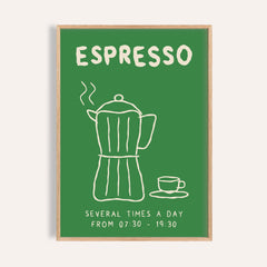 Moka pot print of a cream line drawing of a stovetop coffee pot and espresso cup on green under the word ESPRESSO