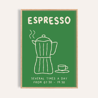 Moka pot print of a cream line drawing of a stovetop coffee pot and espresso cup on green under the word ESPRESSO