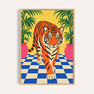 Tiger Stroll poster with a tiger walking across a blue checkerboard between pink pots