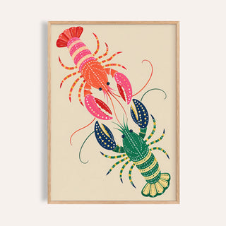 Lobster wall art with two dotted folk lobsters in pink and green on sand