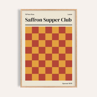 Leeds print of Saffron Supper Club with a saffron yellow and brick red checkerboard