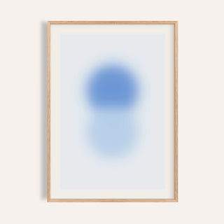 Sky blue print with a cornflower blue orb stacked above a pale blue orb