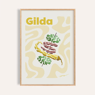 Pintxos poster of a Gilda with green olives, an anchovy and a yellow guindilla pepper