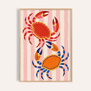 Crab print with two folk crabs in scarlet and tangerine on pink stripes