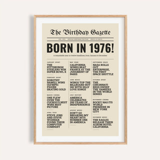 1976 print styled as a newspaper front page on a plain warm wall