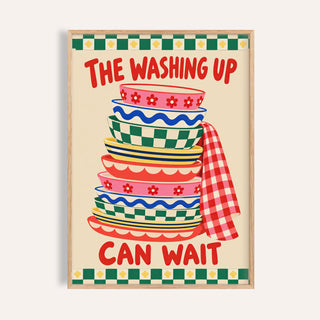 Funny kitchen wall art with stacked patterned bowls and THE WASHING UP CAN WAIT