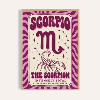 Scorpio print with melty SCORPIO lettering, a scorpion and plum and pink stripes