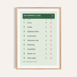 Retirement golf scorecard print shown on a plain warm cream wall