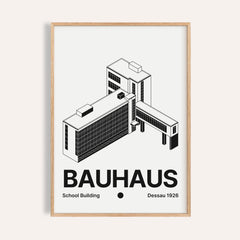 Bauhaus building poster of the Dessau school with a black glass curtain wall