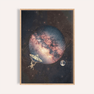 Framed Cosmic Art Print featuring an abstract space planet with a satellite dish in blue and pink tones