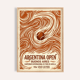 Framed Argentina Open Poster featuring a brown tennis ball with swirling vintage illustration lines