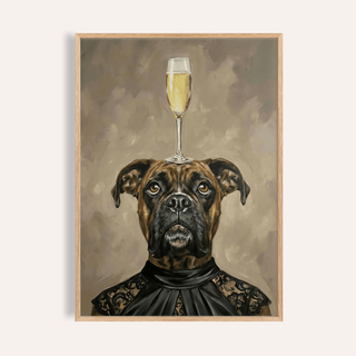 Framed close-up of boxer dog print wearing black lace with a glass balanced on its head