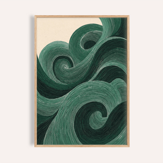 Framed close-up of modern green wall art with swirling line-art pattern in shades of green