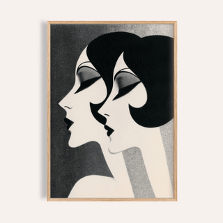 Art Deco Female Profiles print close-up showing two stylised black and white female faces