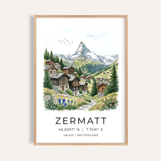 Framed print showing Zermatt Switzerland art print with watercolour mountain and village scene