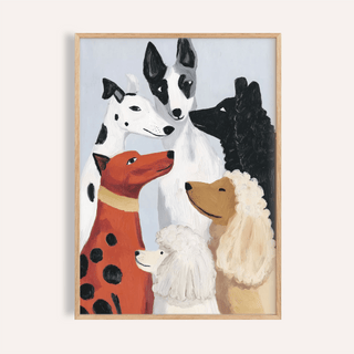 Framed colorful dog poster with six dogs in cream, black and orange tones on a light blue background